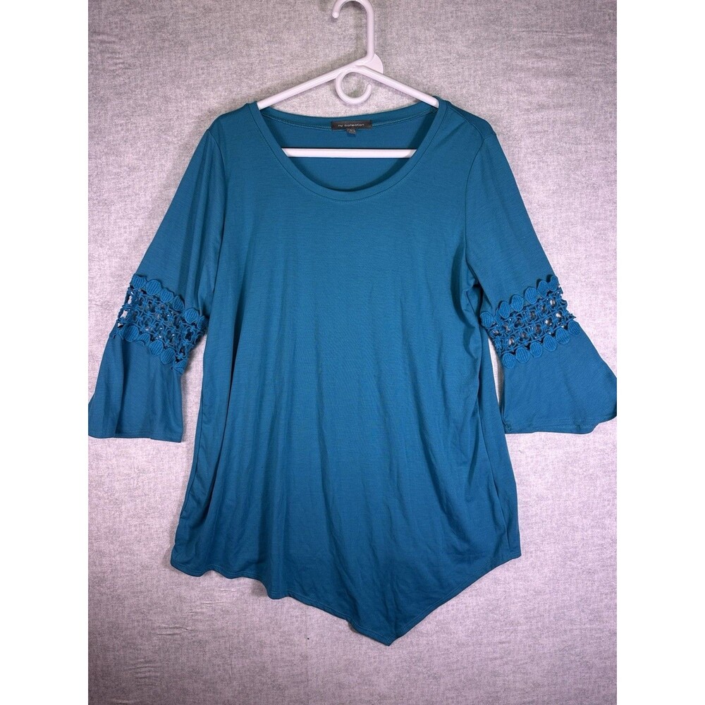 NY Collection Womens Large 3/4 Sleeve Handkerchief Hem Tunic Teal Boho Lagenlook